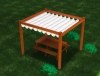 Retractable white sun shade pergola with a wooden frame and picnic table over a green lawn