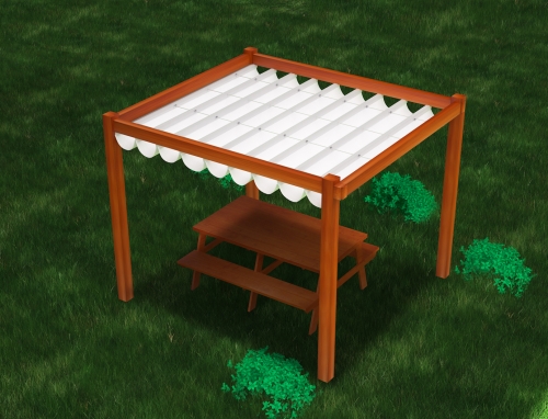 Retractable white sun shade pergola with a wooden frame and picnic table over a green lawn