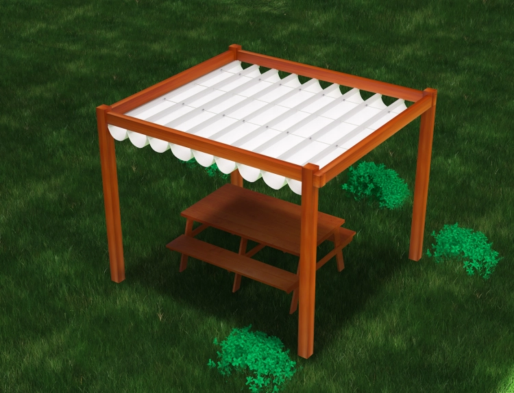 Retractable white sun shade pergola with a wooden frame and picnic table over a green lawn