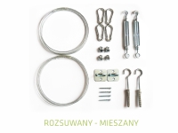 Sliding shade sail mounting kit with steel cables, turnbuckles, carabiners, wall plates, and hooks on white background