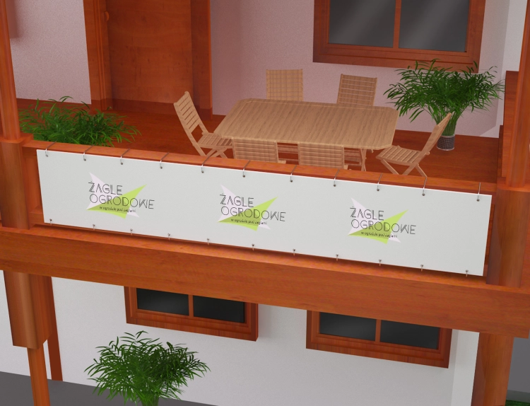 Custom printed balcony screen with Żagle Ogrodowe logo attached to a wooden terrace railing with zip ties