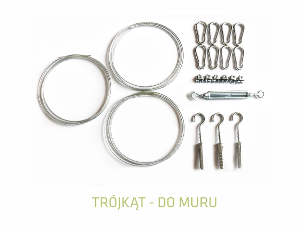Triangle wall mounting kit with steel cables, carabiners, wire rope clamps, a turnbuckle, and wall hooks with plugs