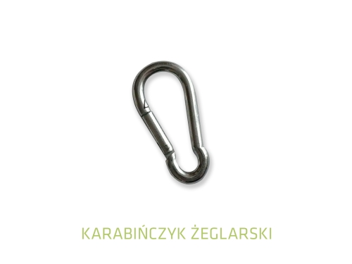 Polished stainless steel snap hook sailing carabiner isolated on a white background.