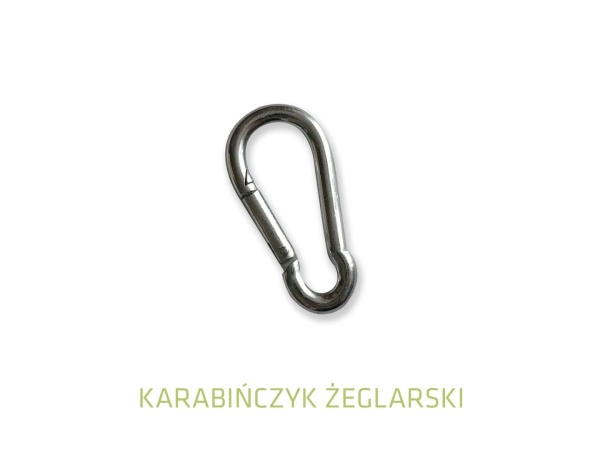 Polished stainless steel snap hook sailing carabiner isolated on a white background.