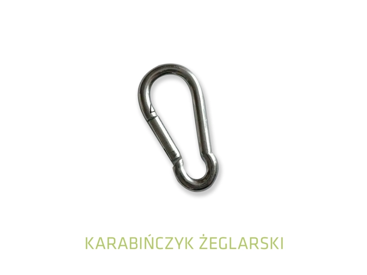 Polished stainless steel snap hook sailing carabiner isolated on a white background.